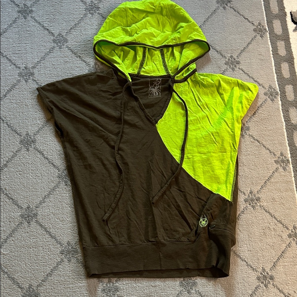 Spyder Black and Neon Green Hooded Short-Sleeve Top